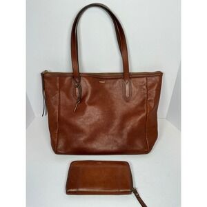 Fossil Rachel Tote and Zip Around Wallet Set Brown Pebbled Leather Cognac Brass